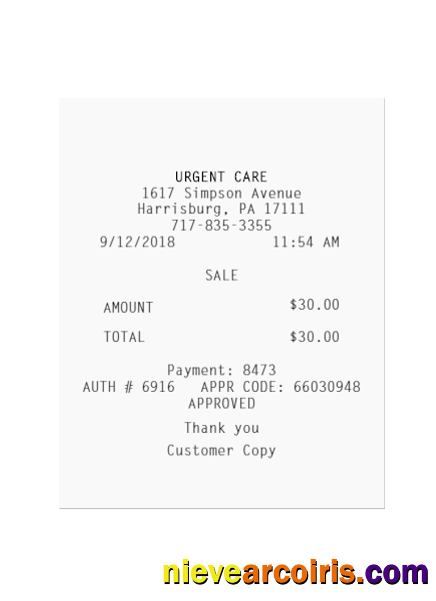 URGENT CARE payment receipt